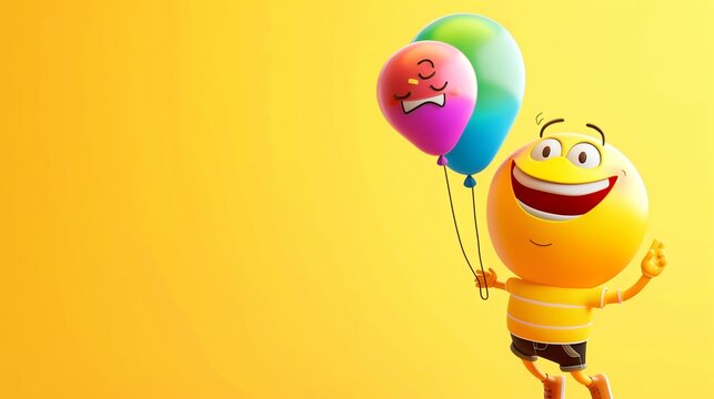 An excited emoji cartoon character with a big grin, holding a colorful balloon and saying goodbye on a bright yellow solid isolated background