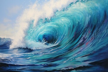 Artistic impression of a powerful blue ocean wave, capturing the beauty and dynamism of the sea