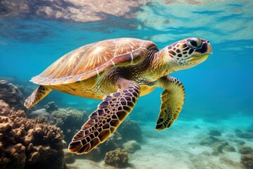 Obraz premium Radiant sea turtle gliding through crystal clear waters above a vibrant coral reef