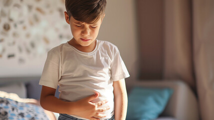 Concerned boy holding his stomach, indicating discomfort, with a pained expression in a home setting