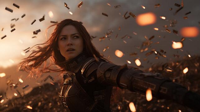 Action shot with woman in the sci-fi battle scene, superhero surrounded by sparkles. Dynamic scene in action movie blockbuster style.
