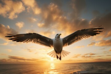 Fototapeta premium Seagull with spread wings soars against a stunning sunset over the ocean
