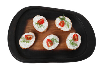 Delicious bruschettas with fresh ricotta (cream cheese), tomato and dill isolated on white, top view