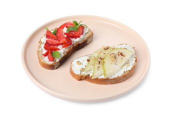 Delicious bruschettas with fresh ricotta (cream cheese), strawberry, mint and pear isolated on white