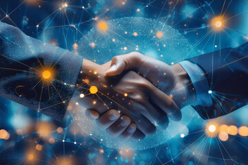 A professional handshake with a digital network overlay represents connectivity, ideal for an abstract, wallpaper, or background concept