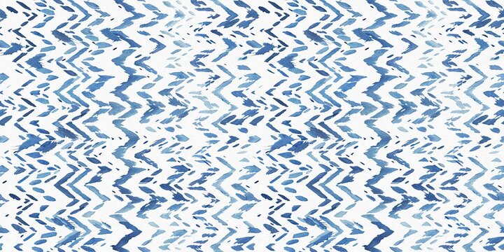 Summery ikat zig zag border pattern in painterly brushstroke digital design. Modern coastal living printed textile decor in seamless banner tape template.
