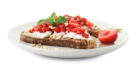 Delicious bruschettas with ricotta cheese, chopped strawberries and mint isolated on white