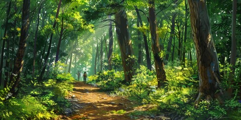 Obraz premium A Serene Forest TrailHikers under Dappled Sunlight - Peaceful Nature Scene