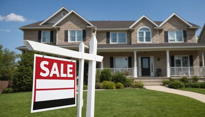 A brick home with a for sale sign in front yard on a sunny day