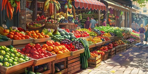 Fototapeta premium vibrant summer fruit stall atbustling street market in the city center.