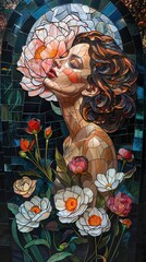 A stunning stained glass artwork of a woman surrounded by blooming flowers, showcasing vibrant colors and intricate details.
