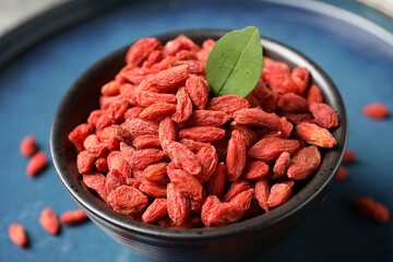 Dried goji berries and leaf in bowl on plate, closeup