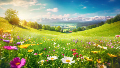 Landscape of meadow with wildflowers and mountains in background, beautiful of a meadow full of wildflowers