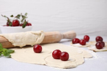 Process of making dumplings (varenyky) with cherries. Raw dough and ingredients on light table