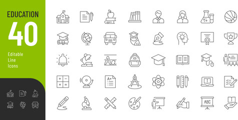 Education Line Editable Icons set. Vector illustration in modern thin line style of school icons: school subjects, supplies, science, and online learning. Isolated on white