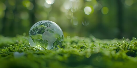 Eco Awareness and Impact Symbolic Earth Globe on Green Forest Floor. Concept Eco-Friendly Practices, Nature Conservation, Sustainable Lifestyle, Symbolic Earth Globe, Green Forest Floor
