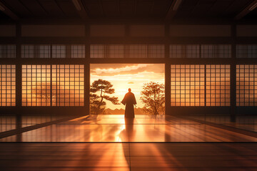 A warrior practicing kendo in a serene dojo, eyelevel, traditional colors, manga