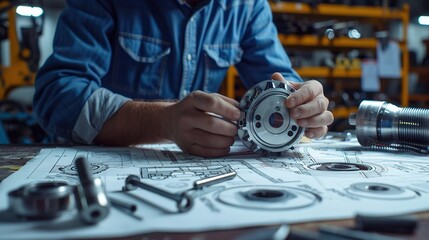 Obraz premium Engineer_technician_designing_drawings_mechanical_parts_engineering_drawing_concept