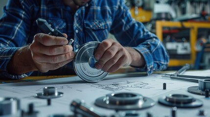Obraz premium Engineer_technician_designing_drawings_mechanical_parts_engineering_drawing_concept