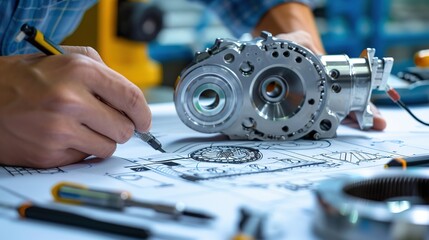 Naklejka premium Engineer_technician_designing_drawings_mechanical_parts_engineering_drawing_concept