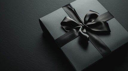 Black gift box with a ribbon on a black background