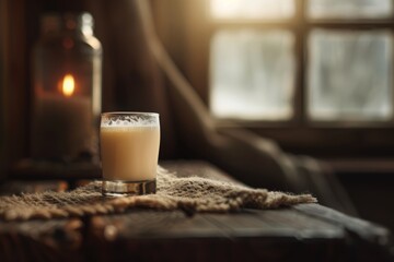 A warm and inviting rustic scene featuring a glass of egg nog on a wooden table, perfect for the...