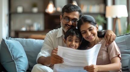 Obraz premium Happy_Indian_family_holding_protection_plan_papers.