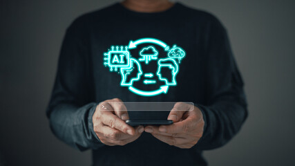 man holding command prompt ai chat. Big data storage computer tech.Digital Artificial Intelligence (AI) technology disruption concept. We are implementing storage technology support in the business.