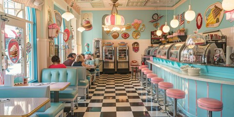 Charming Vintage Ice Cream Parlor InteriorNostalgic Decor and Soft Lighting