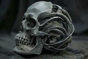 Metallic human skull with exposed back showing wires and mechanical parts resting on a dark surface