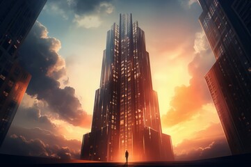 Solitary figure stands before modern skyscrapers bathed in the warm glow of sunset