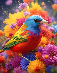 A vibrant bird perches gracefully above a cluster of colorful flowers in full bloom