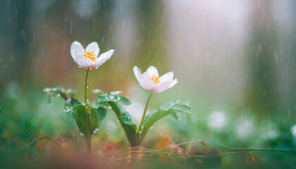 Two woven spring flower in the rain in a forest in spring close-up with soft focus The romantic imag