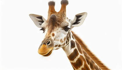 Fototapeta premium A fun and quirky portrait of a giraffe, upside down, its long neck and curious face presented against a stark white background, a playful twist on wildlife photography