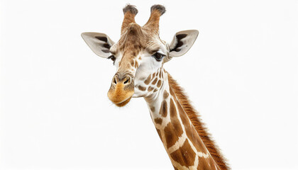 A fun and quirky portrait of a giraffe, upside down, its long neck and curious face presented against a stark white background, a playful twist on wildlife photography