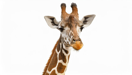Fototapeta premium A fun and quirky portrait of a giraffe, upside down, its long neck and curious face presented against a stark white background, a playful twist on wildlife photography