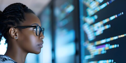A black female cybersecurity expert coding in a data center with digital overlay. Concept Technology, Data Security, Cybersecurity Expert, Coding, Diversity