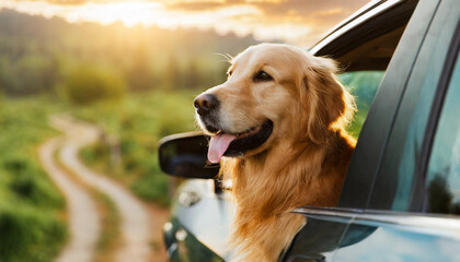 A golden retriever dog peers out from the top of the van.