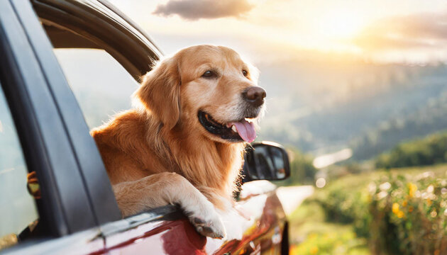 A golden retriever dog peers out from the top of the van. - Powered by Adobe