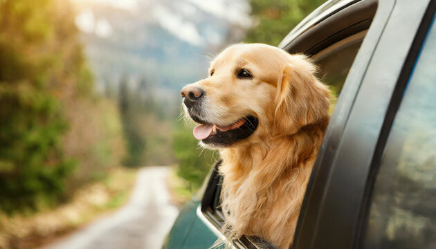 A golden retriever dog peers out from the top of the van.