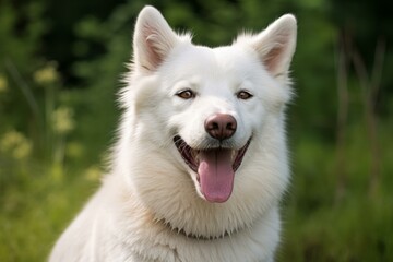 Fototapeta premium Close-up of a cheerful white dog with tongue out, enjoying the outdoors