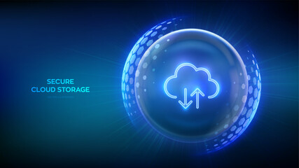 Secure Cloud Storage. Cloud icon inside transparent protection sphere shield with hexagon pattern on blue background. Cloud computing. Database storage, Data center protection. Vector illustration.