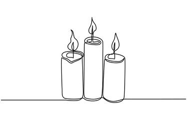 Continuous one-line drawing candle burning flame—black contour line simple minimalist graphic isolated vector illustration, Candle, one continuous line drawing. Isolated on white background. Vector
