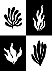 Poster of black and white silhouette seaweed and corals illustrations. Algae modern print. Perfect for marine-themed, underwater scenes and graphic design.