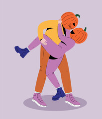 Dancing pumpkin heads couple. Halloween party costumes. Jack-O-Lantern. Playful and quirky, perfect for greeting cards, posters, and social media. Modern flat design.