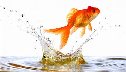 Obraz premium Goldfish jumping out of round fishbowl into freedom