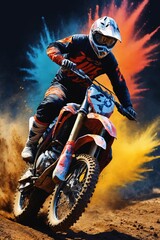 Motocross rider leaps through a cloud of color