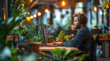 A man wearing headphones works on his laptop in a modern office. The room is decorated with greenery.