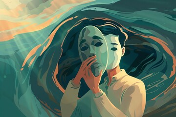 Conceptual art exploring the duality of human emotions, featuring masks and personas to depict bipolar disorder, schizophrenia, and emotional changes.