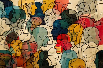 Conceptual art depicting societal issues, focusing on women s roles, mental health, loneliness, and social support.